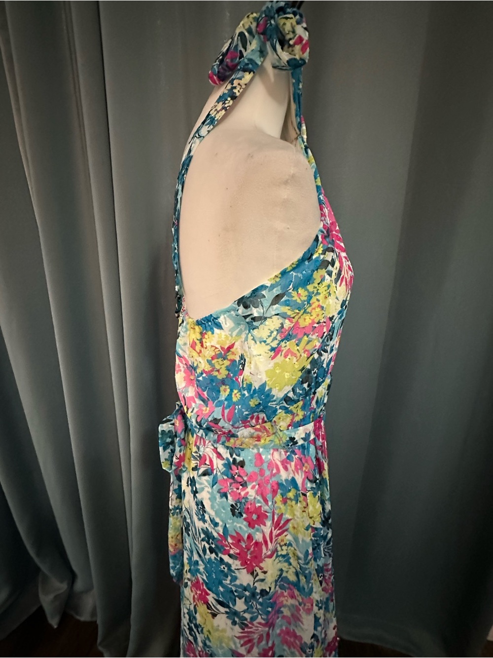 Anne Klein Floral Halter Midi Dress Blue Multi Tie Waist NWT Women's 12 - Picture 5 of 11
